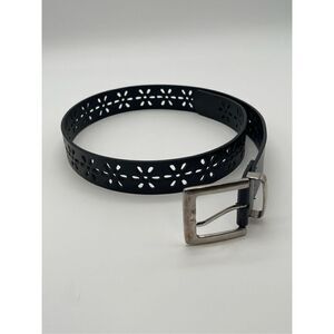 Vtg 90s Black Belt Women's Perforated Floral Silvertone Square Buckle 40" Boho